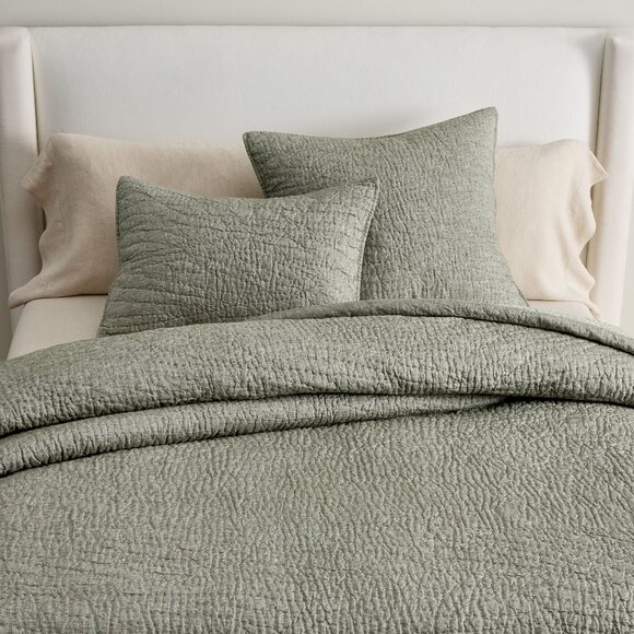POTTERY BARN Belgian Flax Linen Handcrafted Quilt in Dark Green Size Full/Queen - Picture 1 of 3